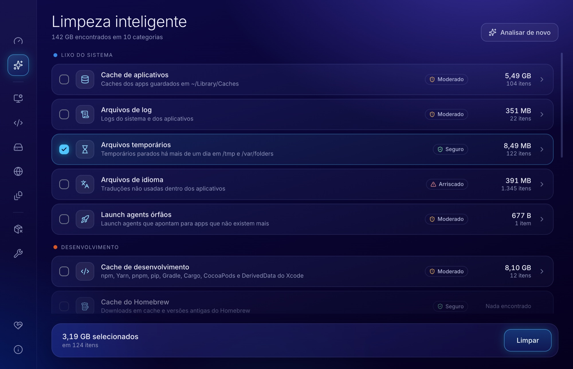 Tela Limpeza inteligente, com as categorias e o nível de risco de cada uma